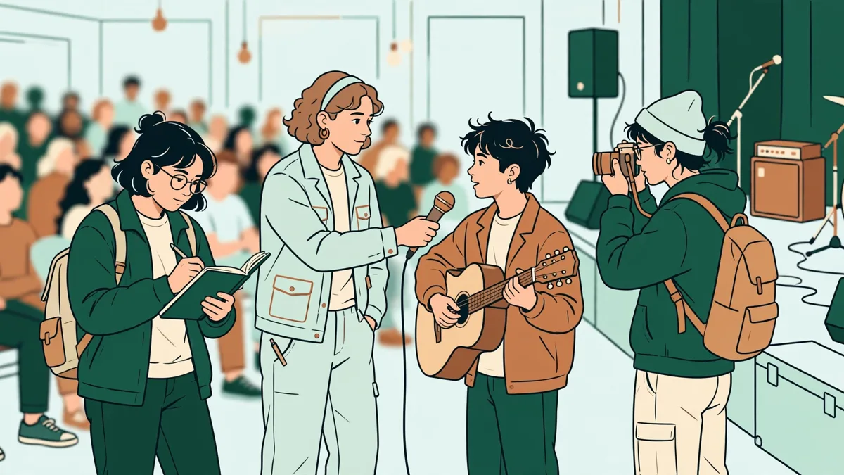 Trois étudiants en action pendant une enquête culturelle dans une salle de concert
