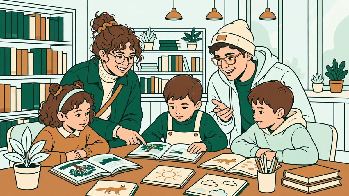 Des étudiants animent un atelier lecture autour d'une table de bibliothèque