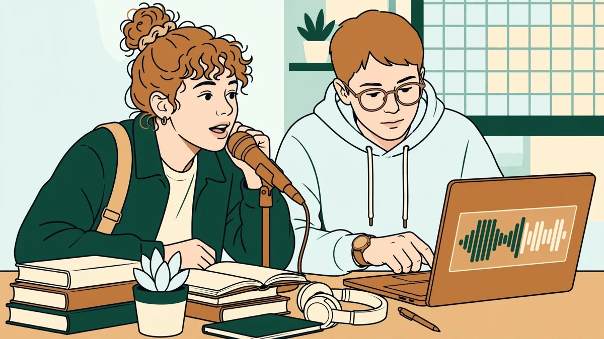 Des étudiantes enregistrent un podcast sur des livres avec micro et ordinateur