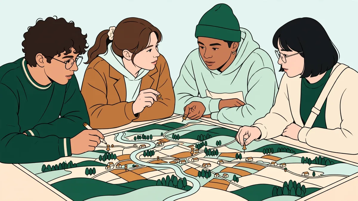 Quatre étudiants autour d'une grande carte d'un territoire, posant des repères et discutant d'un projet.