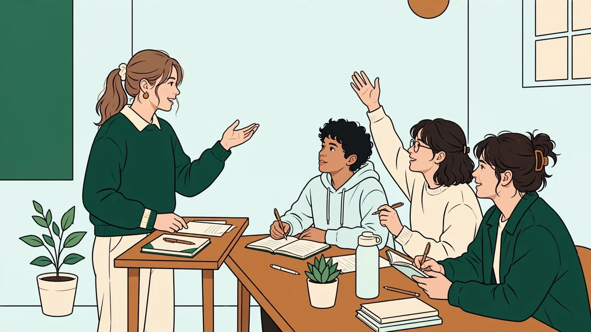 Petit groupe d'étudiants en séminaire universitaire, l'une debout présente son exposé pendant que les autres écoutent, prennent des notes et réagissent