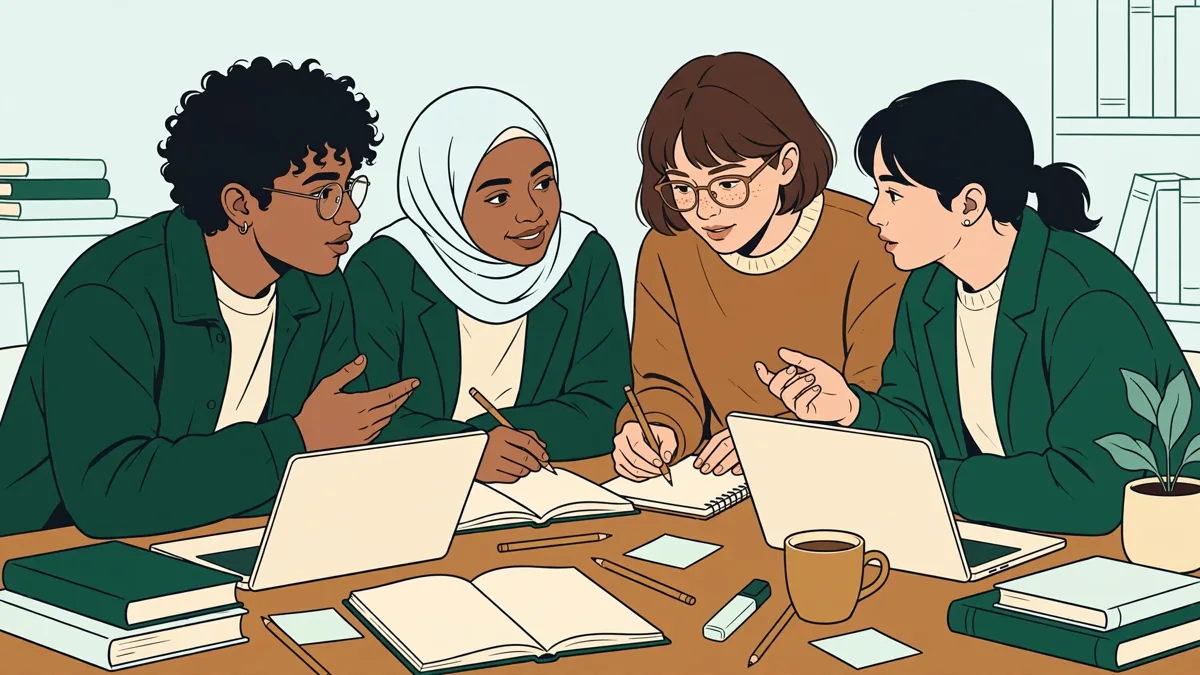 Quatre étudiants autour d'une table de bibliothèque avec ordinateurs et livres, en train de préparer ensemble un exposé et de discuter