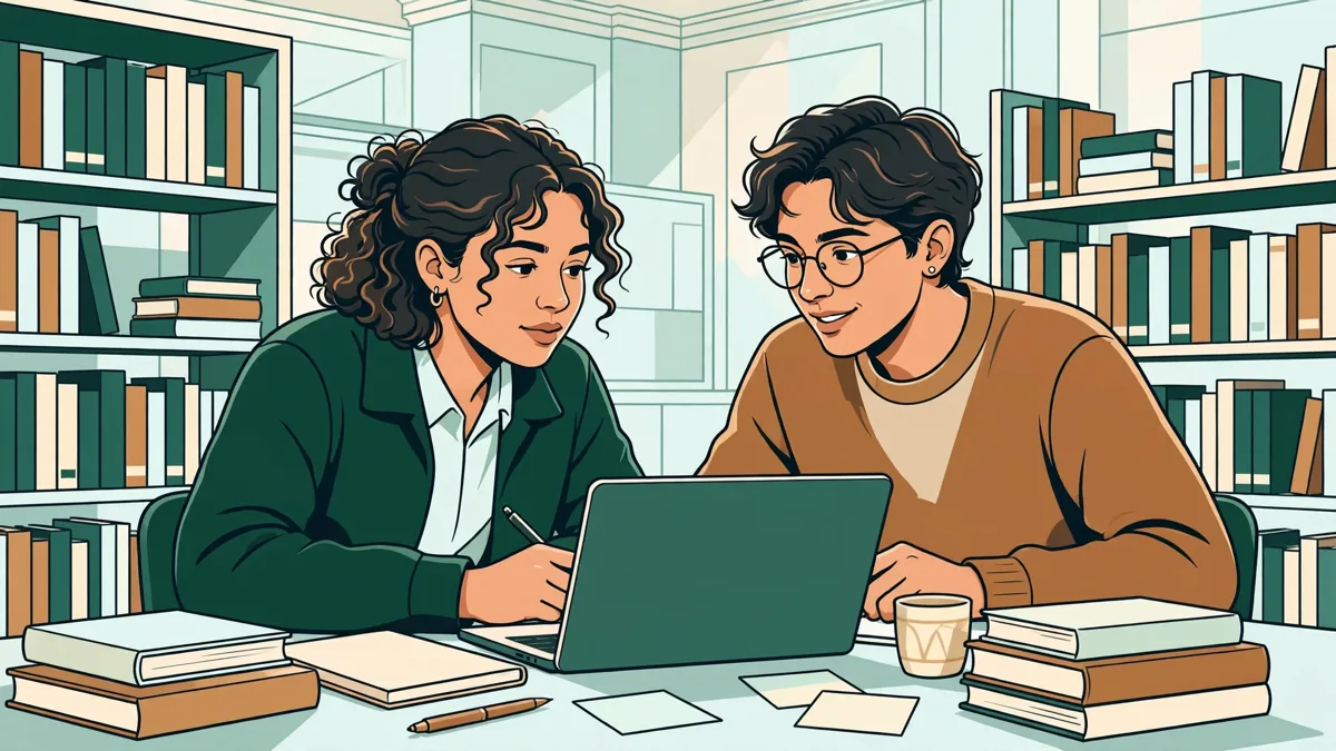 Illustration dessinée de deux étudiantes qui préparent un exposé en bibliothèque, entourées de livres et d'un ordinateur portable.