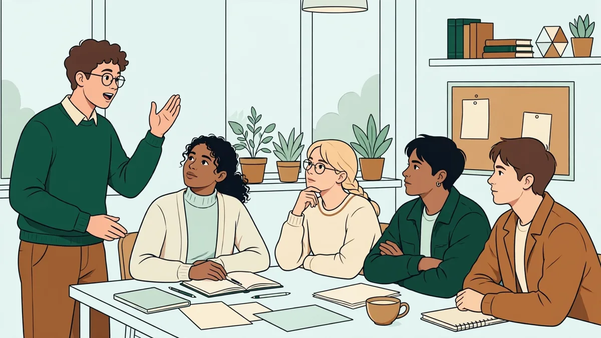 Illustration dessinée d'étudiants autour d'une table qui débattent en espagnol, avec carnets et documents ouverts devant eux.