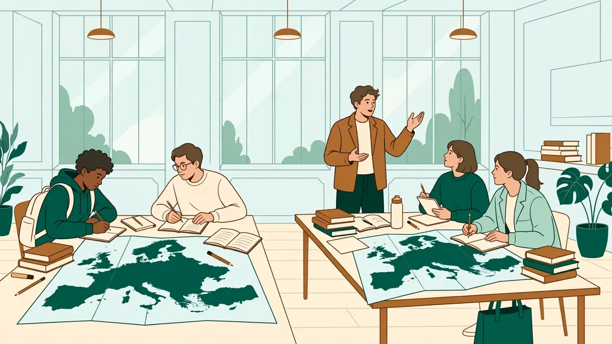 Étudiants en petits groupes autour de tables avec cartes de l'Europe et livres, l'un expose pendant que les autres prennent des notes.