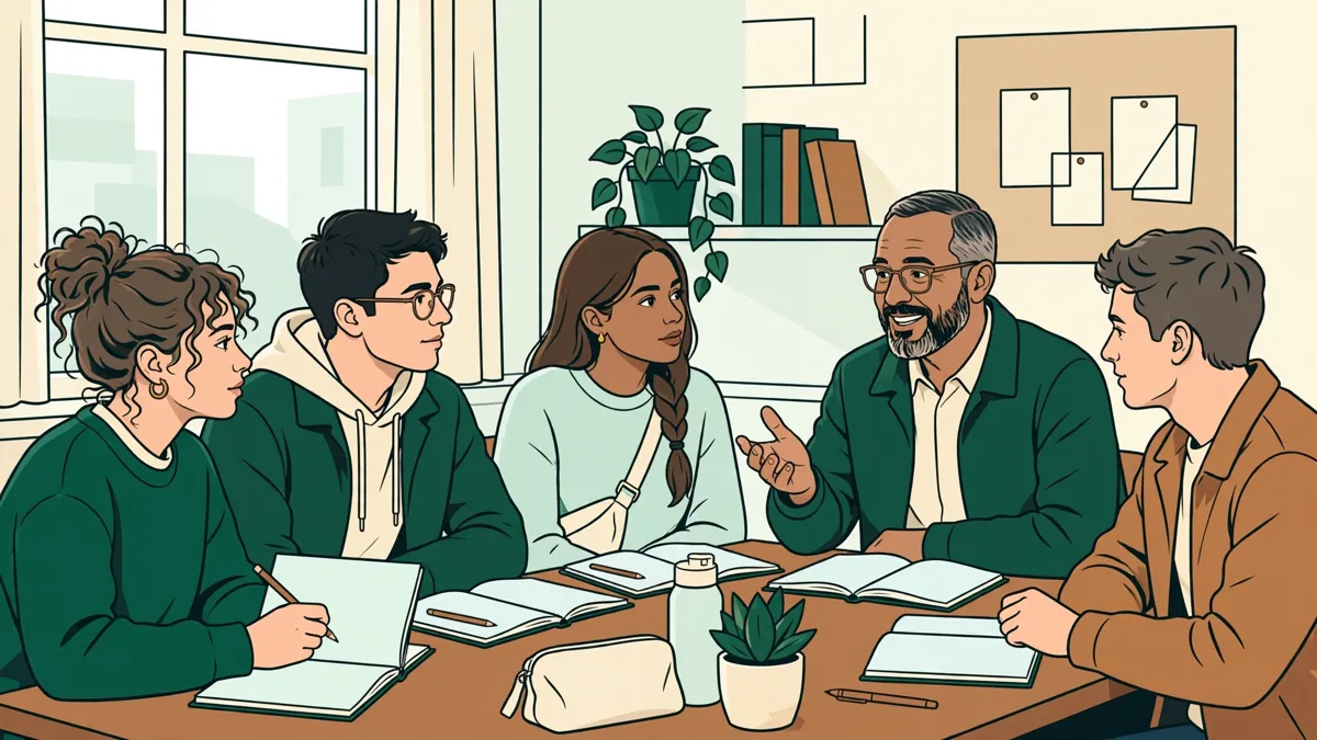 Petit groupe d'étudiants qui pratiquent un dialogue en portugais autour d'une table avec leur enseignante, carnets ouverts.