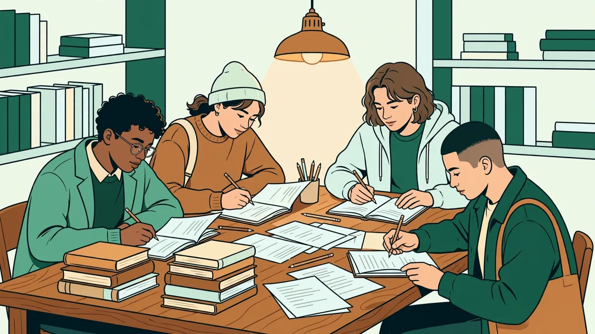Étudiantes et étudiants annotant des pièces de théâtre autour d'une table de bibliothèque universitaire
