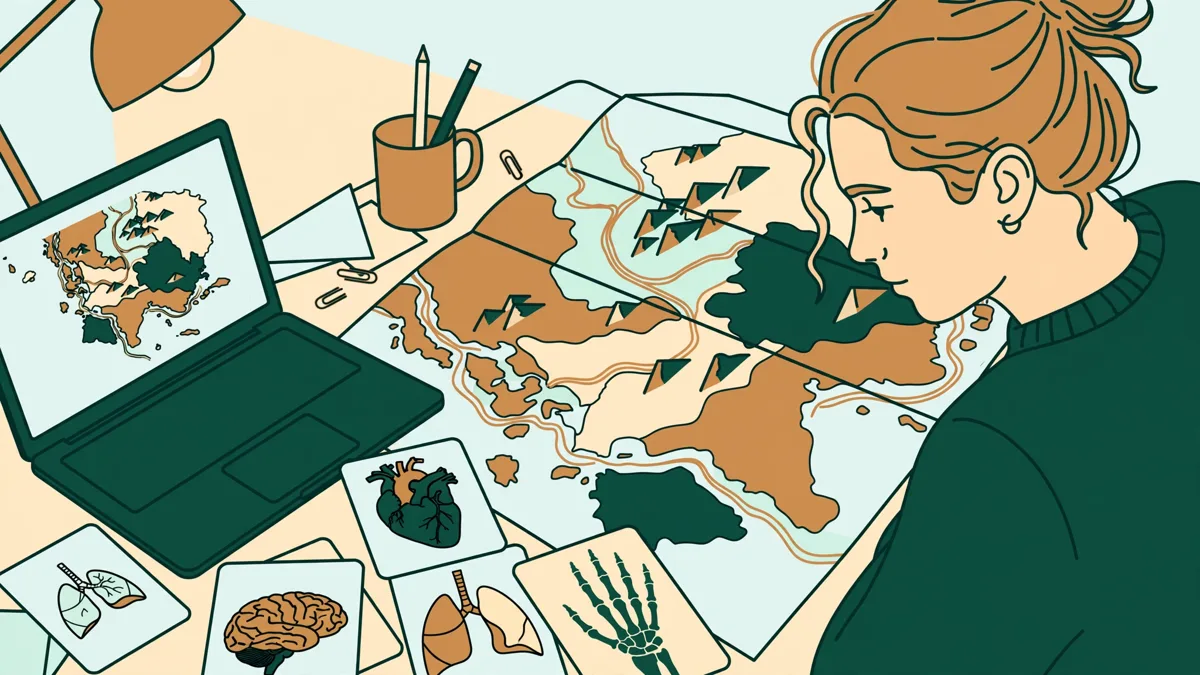 Une étudiante qui révise avec une carte étalée et des fiches d'anatomie sur son bureau