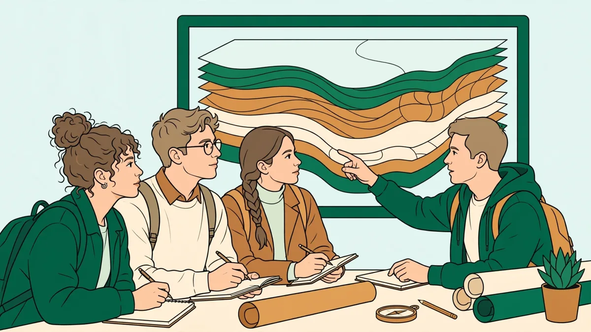 Quatre étudiants autour d'un grand écran en salle de cartographie, l'une pointe une couche de données géographiques, un autre prend des notes, carte colorée affichée.