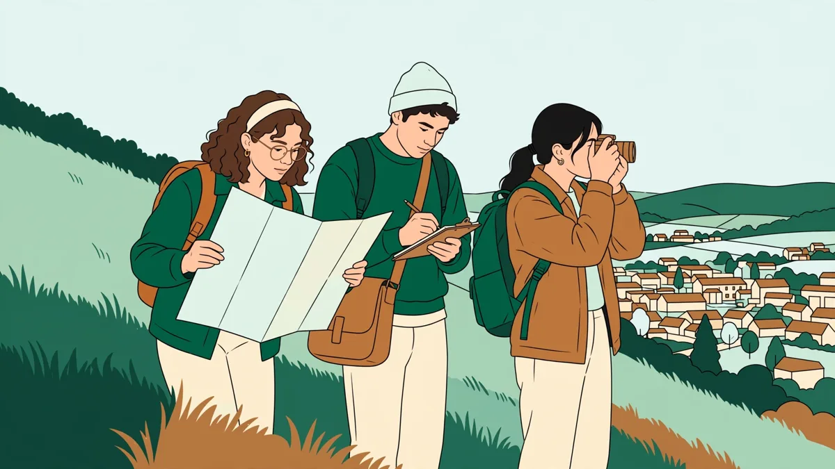 Trois étudiants en géographie en sortie terrain, l'un tient une carte papier grand format, une autre prend des notes, le troisième photographie un versant pour un exercice de cartographie.