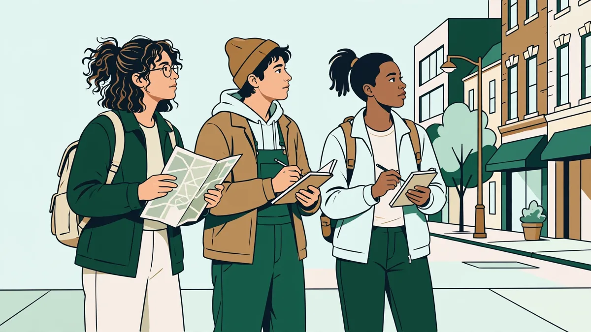 Trois étudiants en sortie de terrain dans un quartier, carnets et carte papier en main, observant une rue en travaux