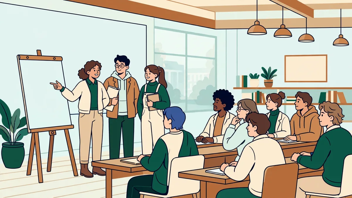 Trois étudiants debout qui présentent un projet devant leur groupe de travail dans une salle de cours lumineuse.
