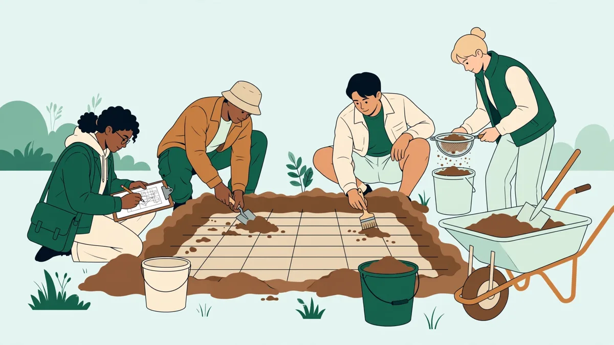 Quatre étudiants en archéologie fouillent une tranchée quadrillée, l'une dessine un relevé sur carnet pendant qu'un autre tamise la terre.