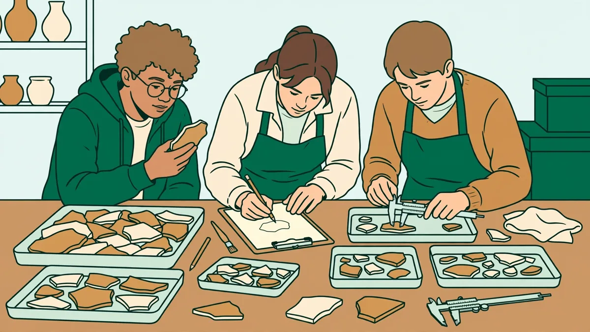 Trois étudiants autour d'une table de laboratoire trient et dessinent des tessons de céramique antique, fiches et loupe à côté.