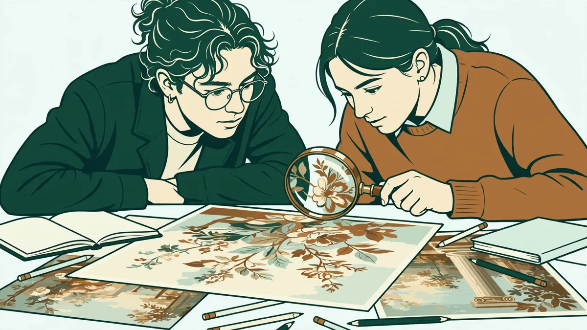 Deux étudiantes penchées sur de grandes reproductions d'œuvres étalées sur une table, l'une montrant un détail à la loupe pendant que l'autre prend des notes.