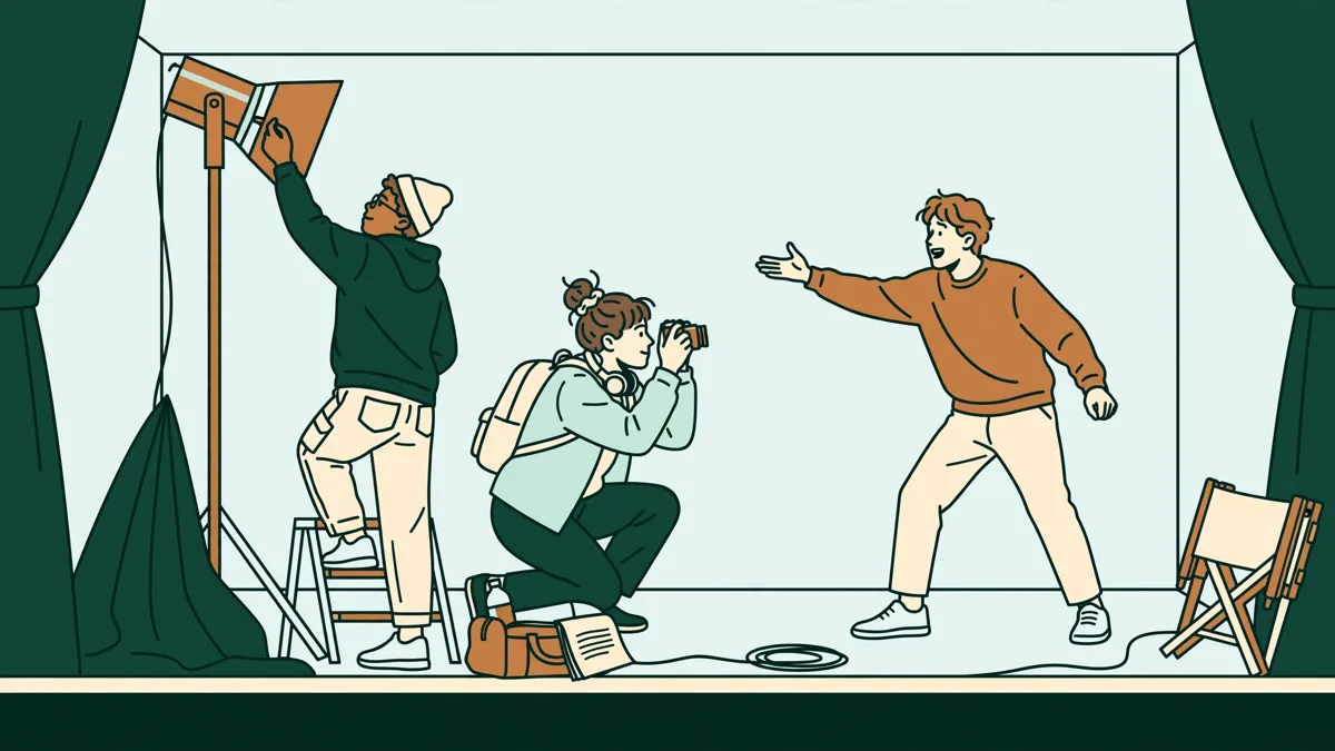 Trois étudiants en répétition sur un petit plateau de théâtre, l'un réglant un projecteur pendant qu'une autre filme et qu'un troisième joue.