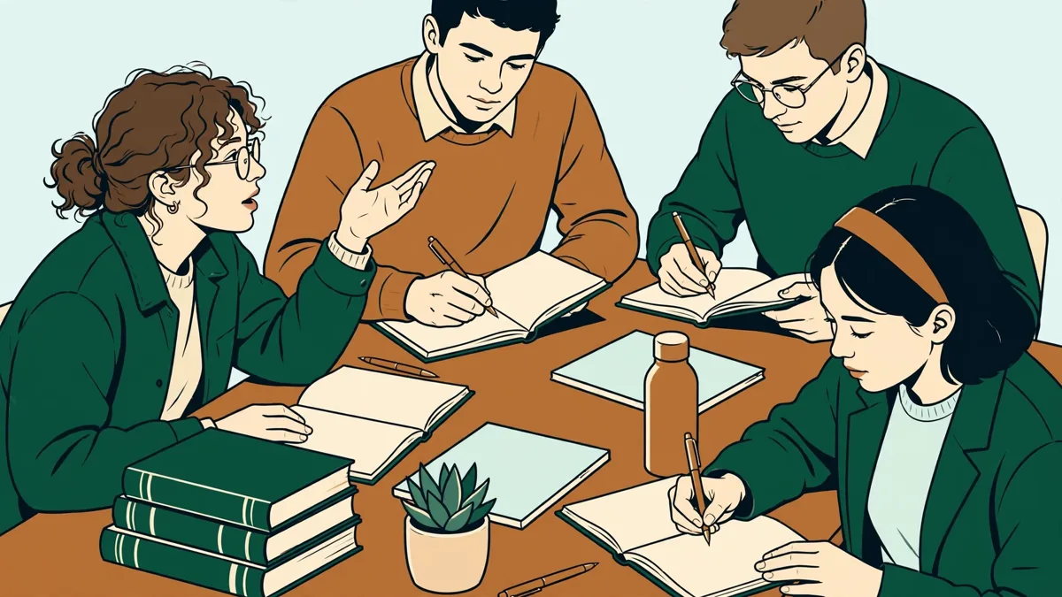 Quatre étudiants autour d'une table de travaux dirigés, l'une présente un argumentaire pendant que les autres prennent des notes et préparent leurs objections.