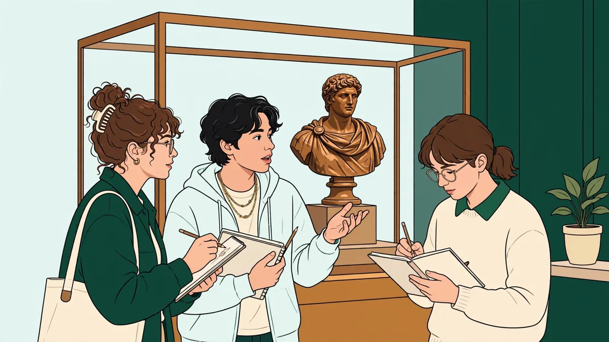 Trois étudiants devant une vitrine de musée, l'une dessine un croquis d'une sculpture sur un carnet pendant que les autres observent et discutent à voix basse.