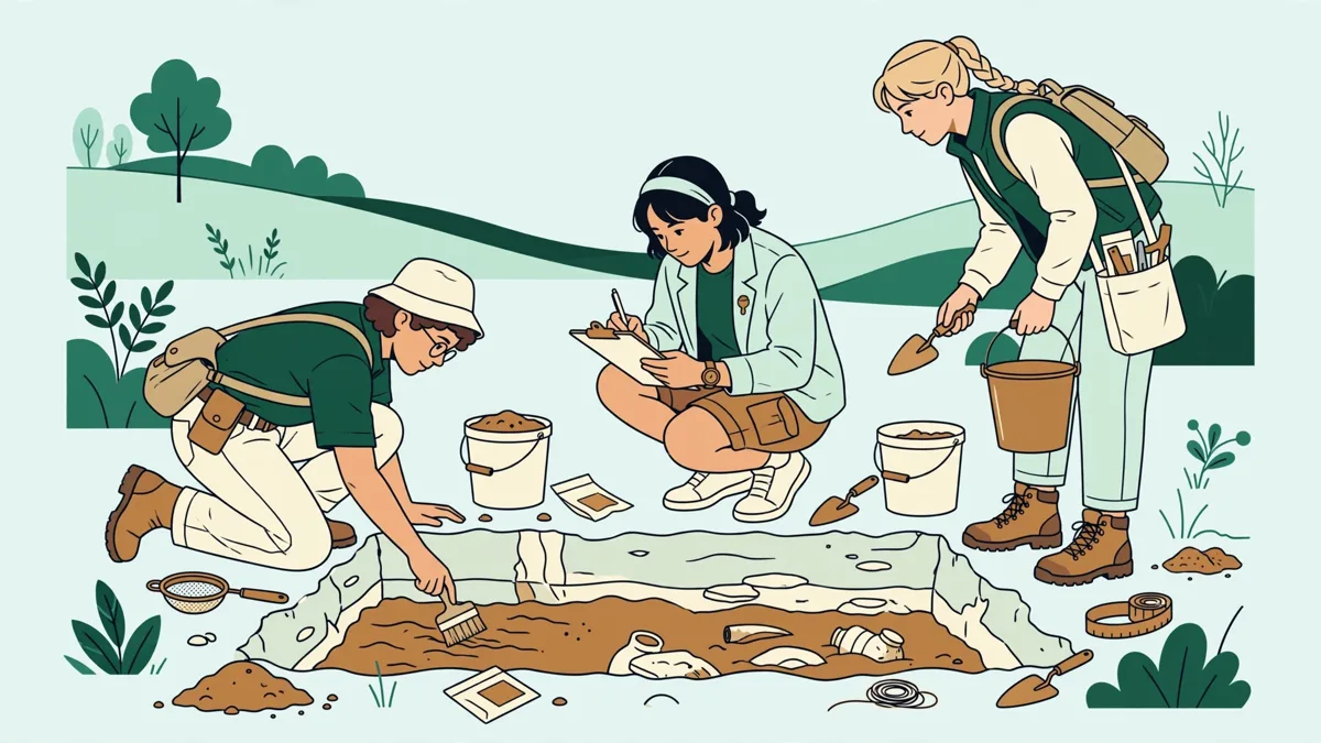 Trois étudiants en archéologie relèvent un sondage de fouille en plein air, pinceaux, seaux et fiches d'enregistrement