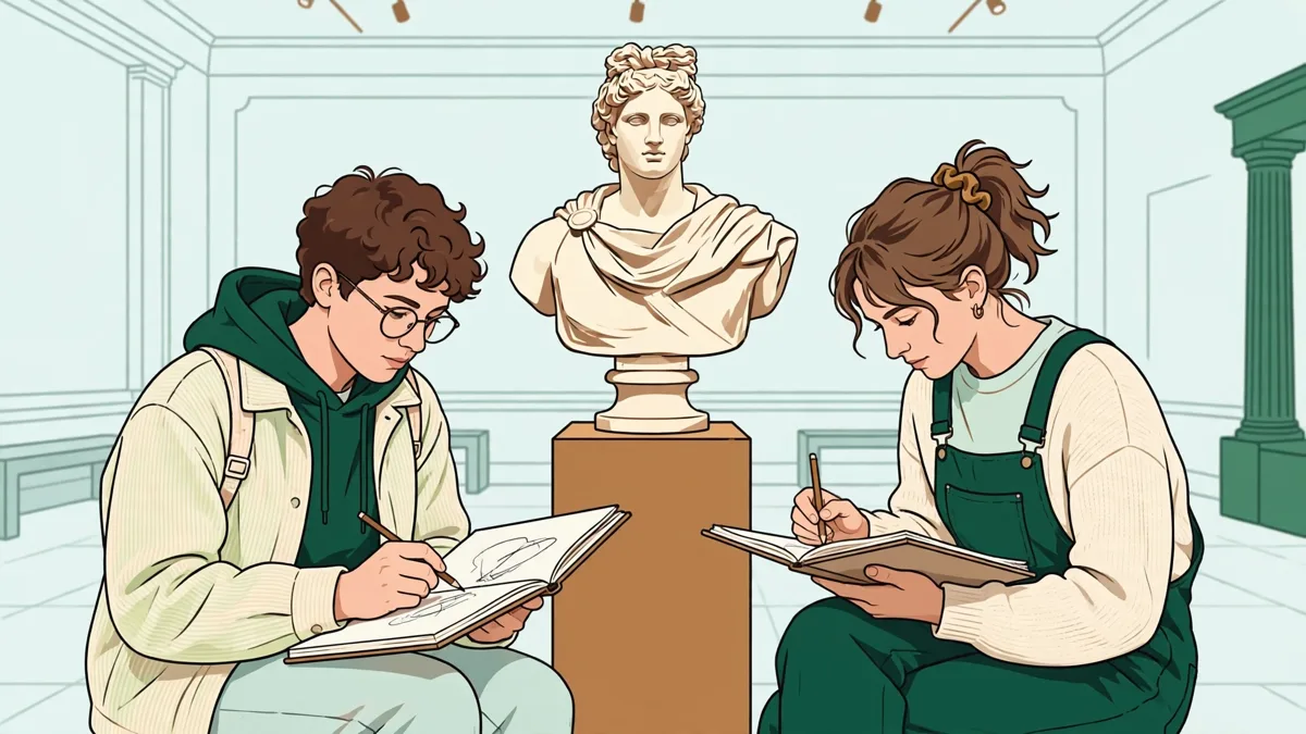 Deux étudiantes en histoire de l'art dessinent une statue antique dans une salle de musée, carnets ouverts et crayons en main