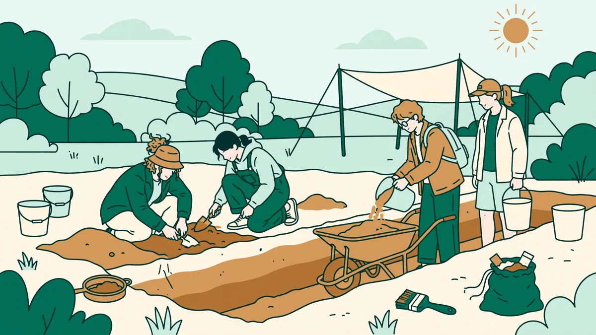 Illustration dessinée d'étudiants qui dégagent une tranchée de fouille avec truelles et seaux
