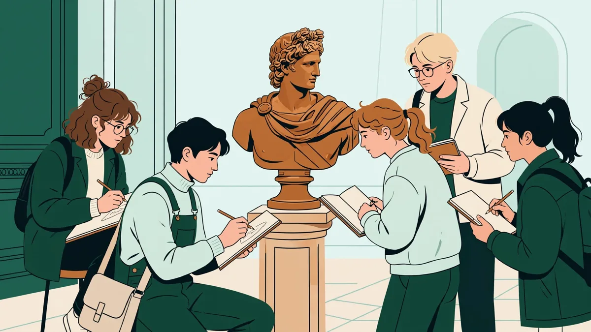 Illustration dessinée d'étudiants qui dessinent une statue antique dans une galerie de musée