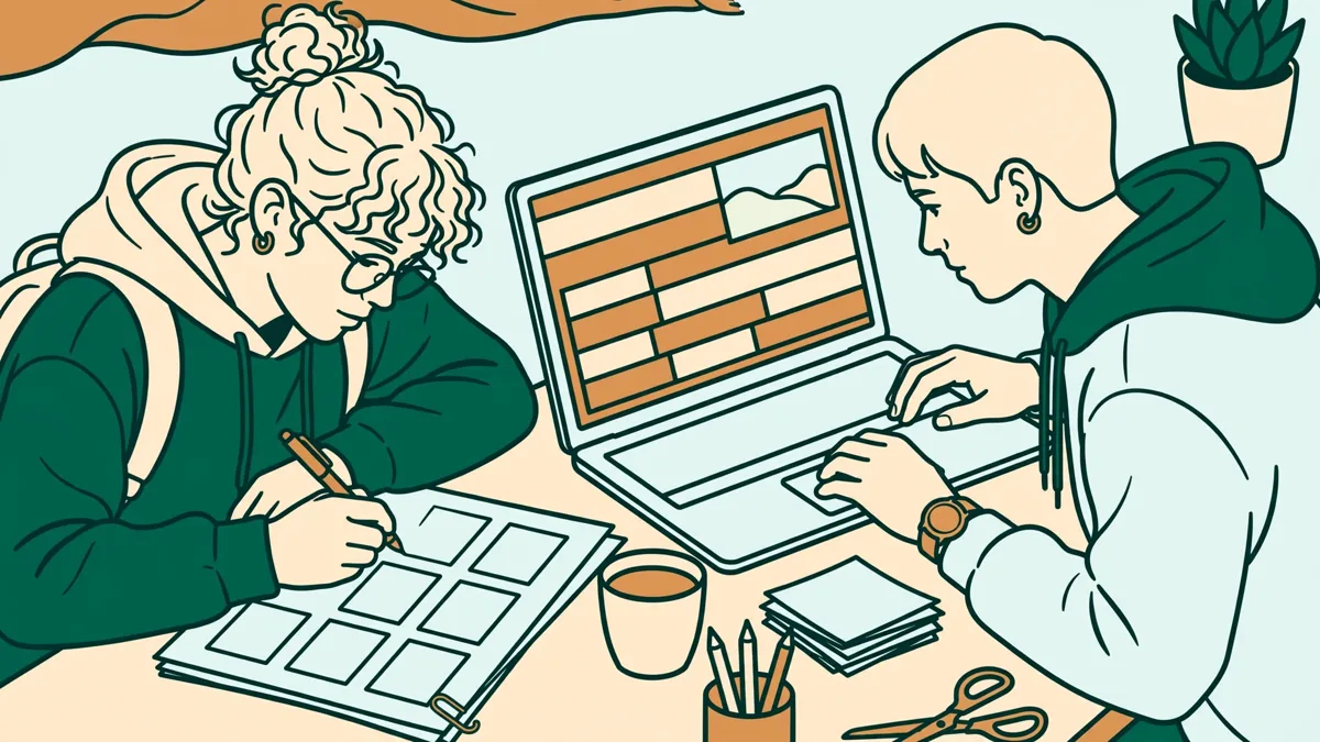 Deux étudiantes autour d'une table lumineuse : l'une dessine un storyboard case par case, l'autre monte des plans sur un ordinateur portable.