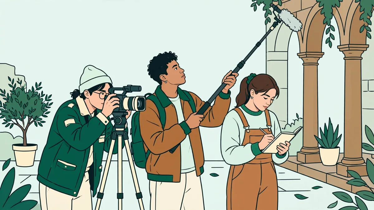 Trois étudiants en tournage documentaire dans une cour : l'une tient une caméra sur trépied, un autre tient une perche son, la troisième interviewe un camarade avec un carnet.