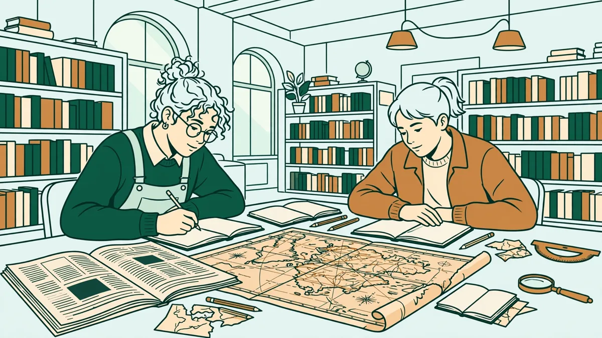 Deux étudiantes en histoire qui lisent des journaux anciens en anglais et des cartes dans une bibliothèque universitaire lumineuse en prenant des notes