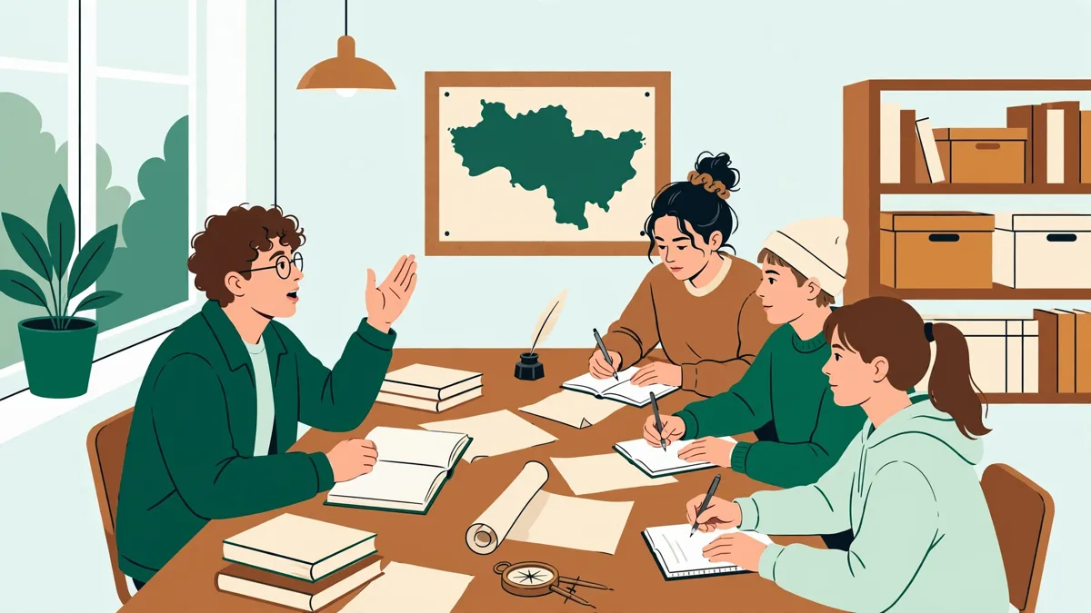 Petit groupe d'étudiants en histoire qui débattent autour d'une table de TD avec des livres et documents en anglais ouverts devant eux