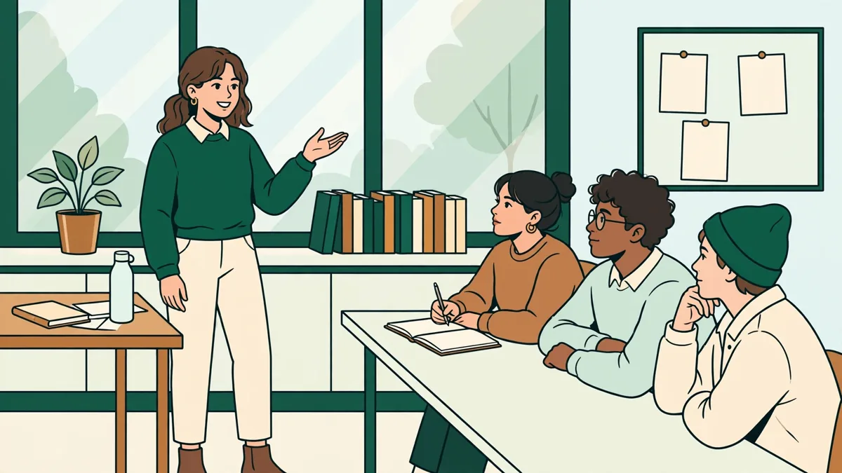 Une étudiante présentant un exposé en espagnol devant un petit groupe d'étudiants attentifs dans une salle de séminaire lumineuse