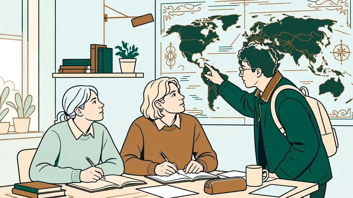 Trois étudiants en histoire autour d'une table, l'un montrant une carte stylisée de l'Espagne et de l'Amérique latine pendant que les autres prennent des notes