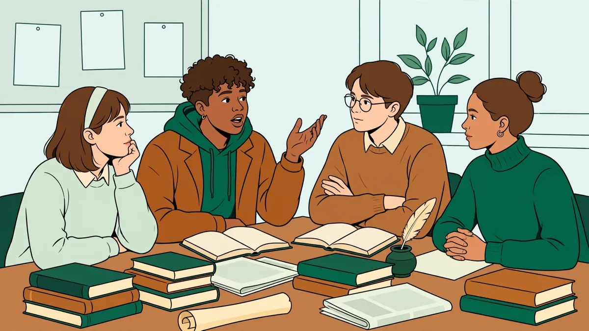 Étudiants en travaux dirigés qui débattent autour d'une table avec des livres d'histoire et des journaux ouverts