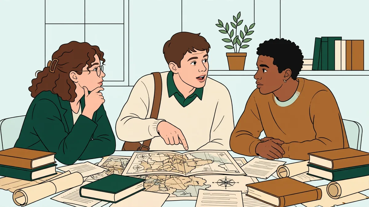 Trois étudiants en TD d'histoire autour d'une table, penchés sur des cartes et des documents, l'un montrant un passage à ses camarades