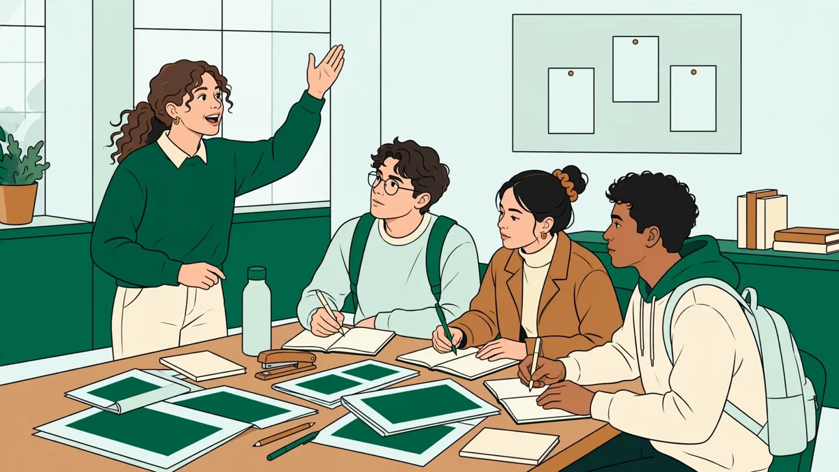Petit groupe d'étudiants de première année qui débattent autour d'une table couverte de journaux, l'une debout qui argumente pendant que les autres prennent des notes.