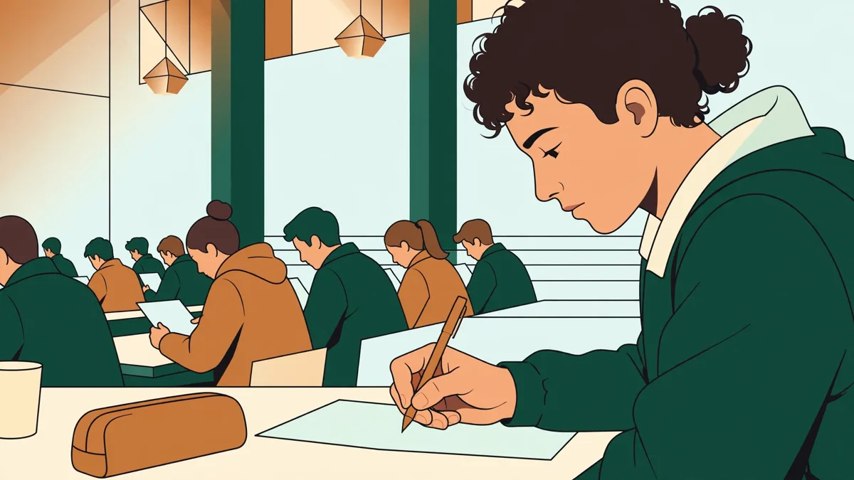 Étudiante de première année en train d'écrire une dissertation en temps limité dans une salle d'examen, entourée d'autres étudiants concentrés.