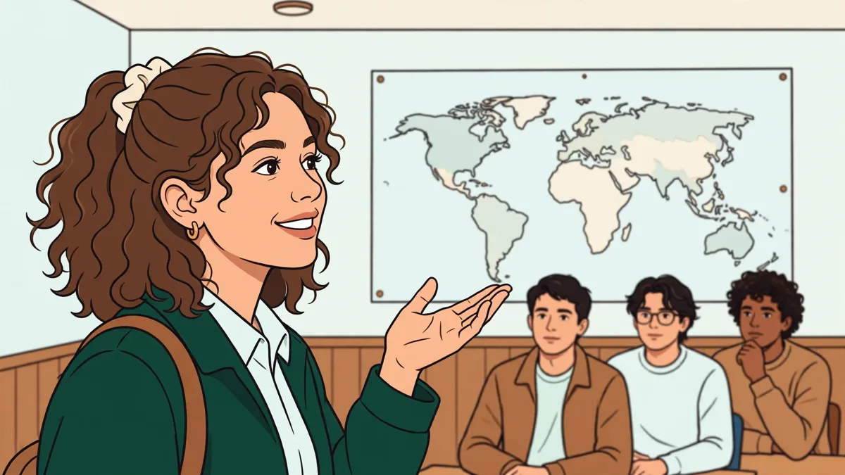 Une étudiante présente un exposé d'histoire devant sa classe avec une grande carte murale derrière elle