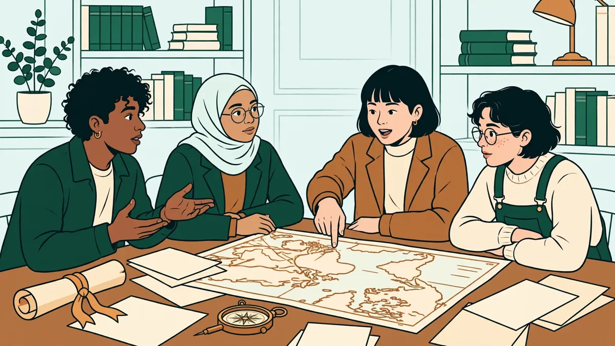 Des étudiants en histoire débattent en petit groupe autour d'une table avec des cartes anciennes et des documents d'archives