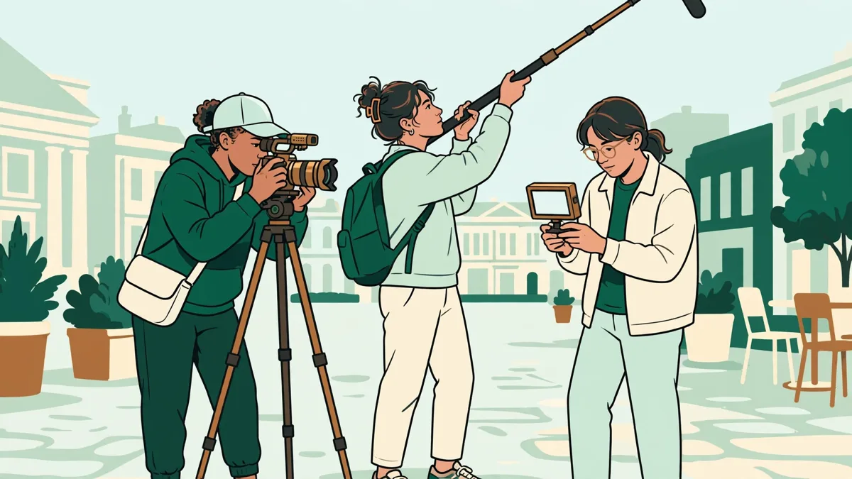 Trois étudiants en tournage extérieur : l'une cadre avec une caméra sur trépied, l'autre tient la perche son, le troisième vérifie le plan.