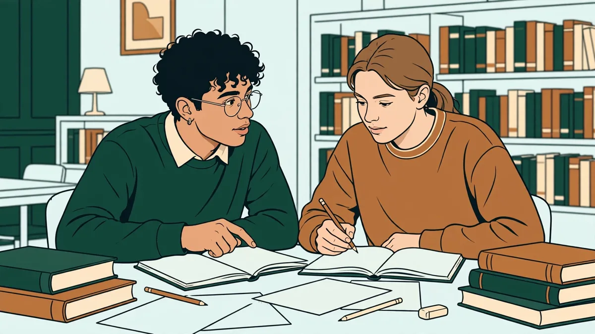 Deux étudiantes qui comparent leurs notes et préparent un exposé dans une bibliothèque.