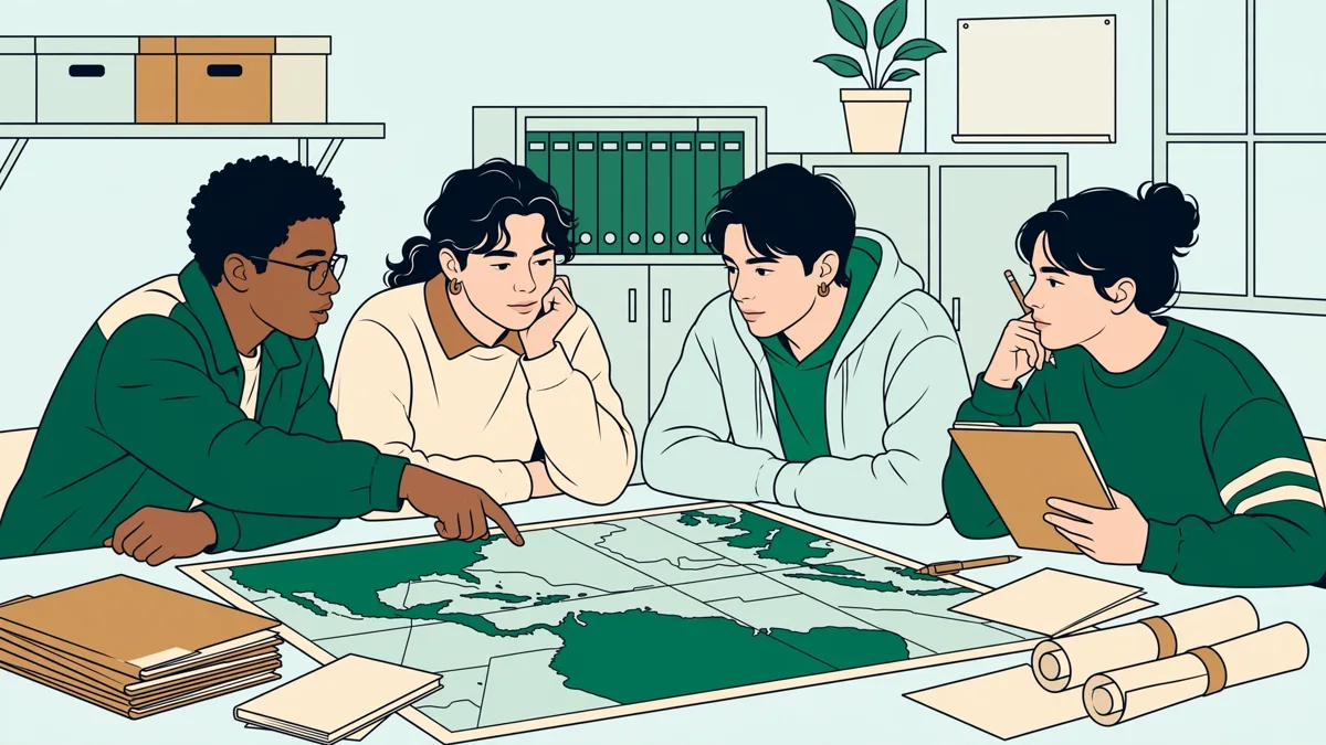 Quatre étudiants autour d'une grande table qui analysent ensemble une carte murale et des documents.