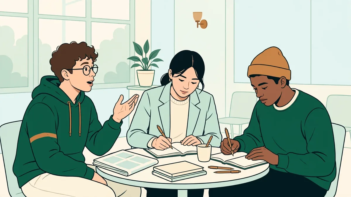 Trois étudiants débattent autour d'une table avec des journaux et des carnets dans une salle de séminaire lumineuse