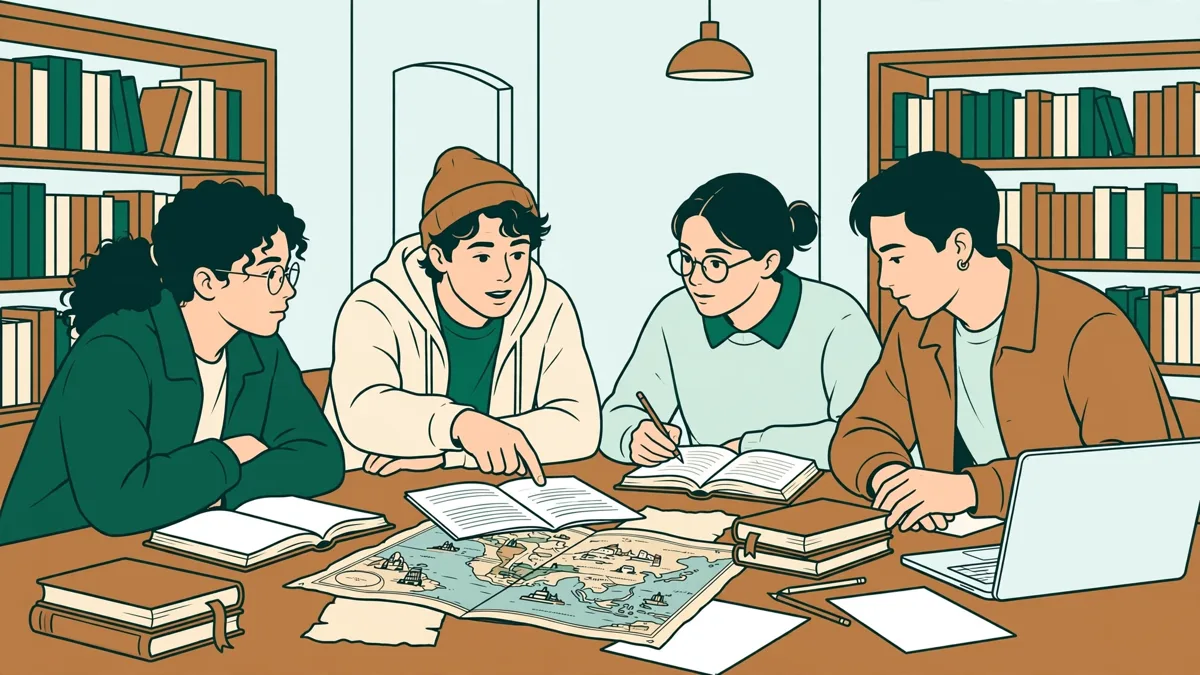 Quatre étudiants travaillent ensemble autour d'une grande table de bibliothèque avec des livres, des cartes et des ordinateurs