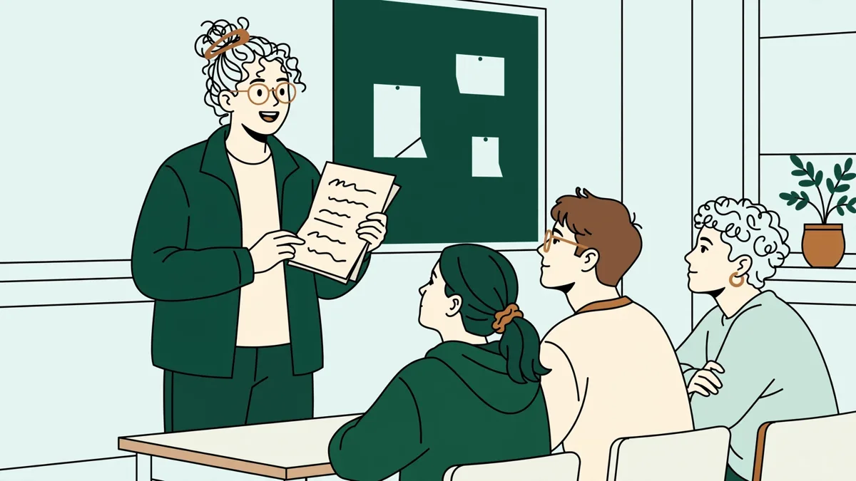 Une étudiante debout présente un exposé devant cinq autres étudiants assis qui l'écoutent et prennent des notes.
