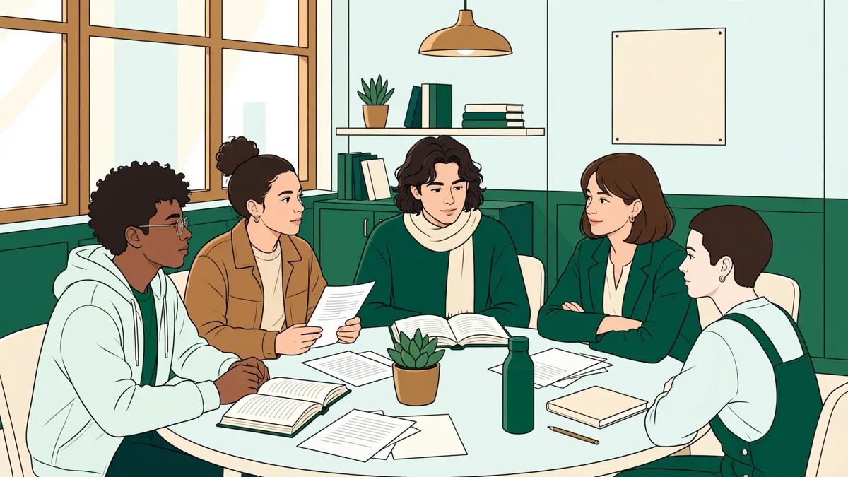 Petit groupe d'étudiants en cercle autour d'une table qui discutent d'un texte, une enseignante les écoute et prend des notes.