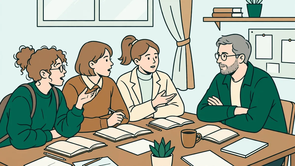 Petit groupe d'étudiants qui discutent autour d'une table à partir de livres ouverts et de notes, une enseignante les écoute