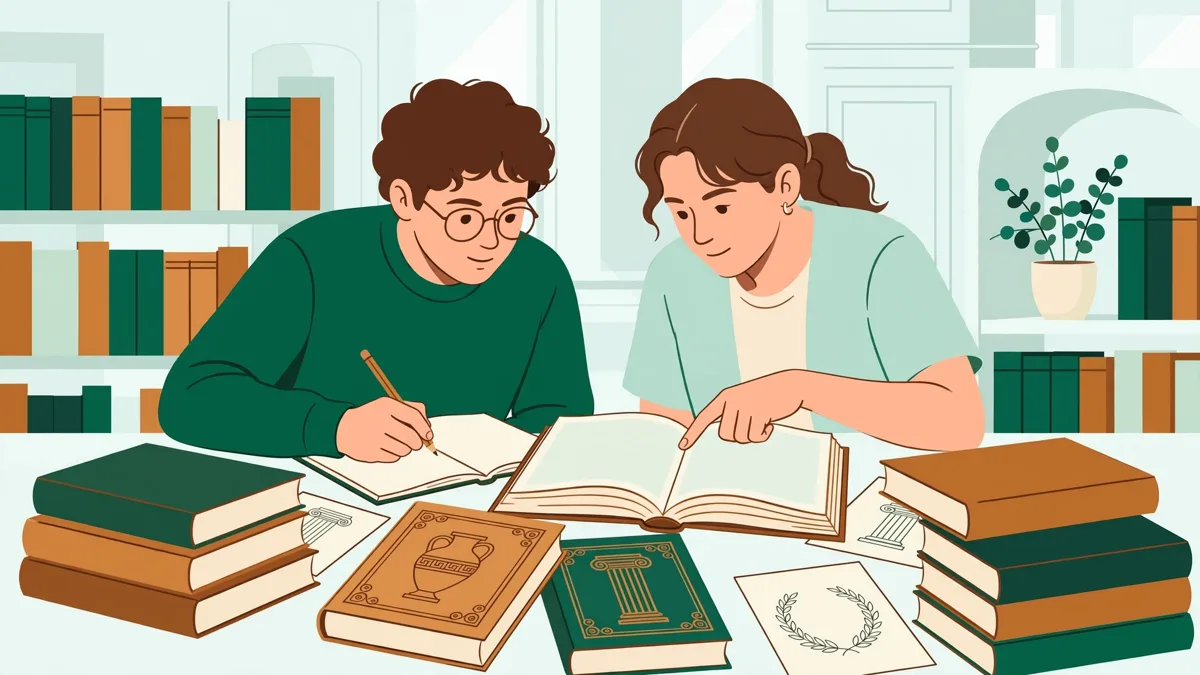 Deux étudiantes en bibliothèque qui fichent un ouvrage sur l'Antiquité, piles de livres autour d'elles.