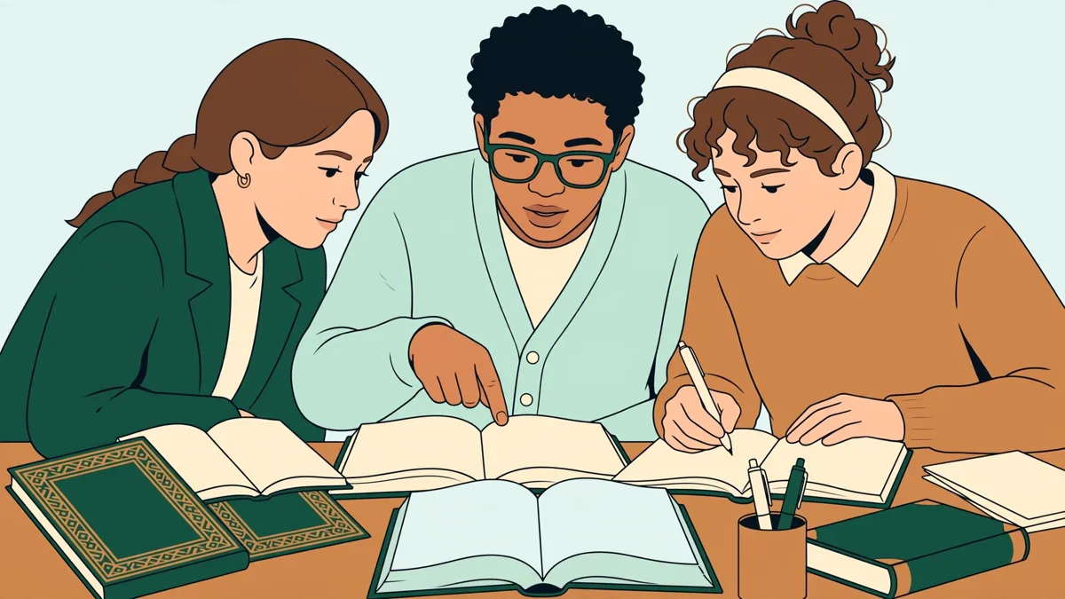 Trois étudiants autour d'une table qui comparent un texte latin et sa traduction, dictionnaires et carnets ouverts.