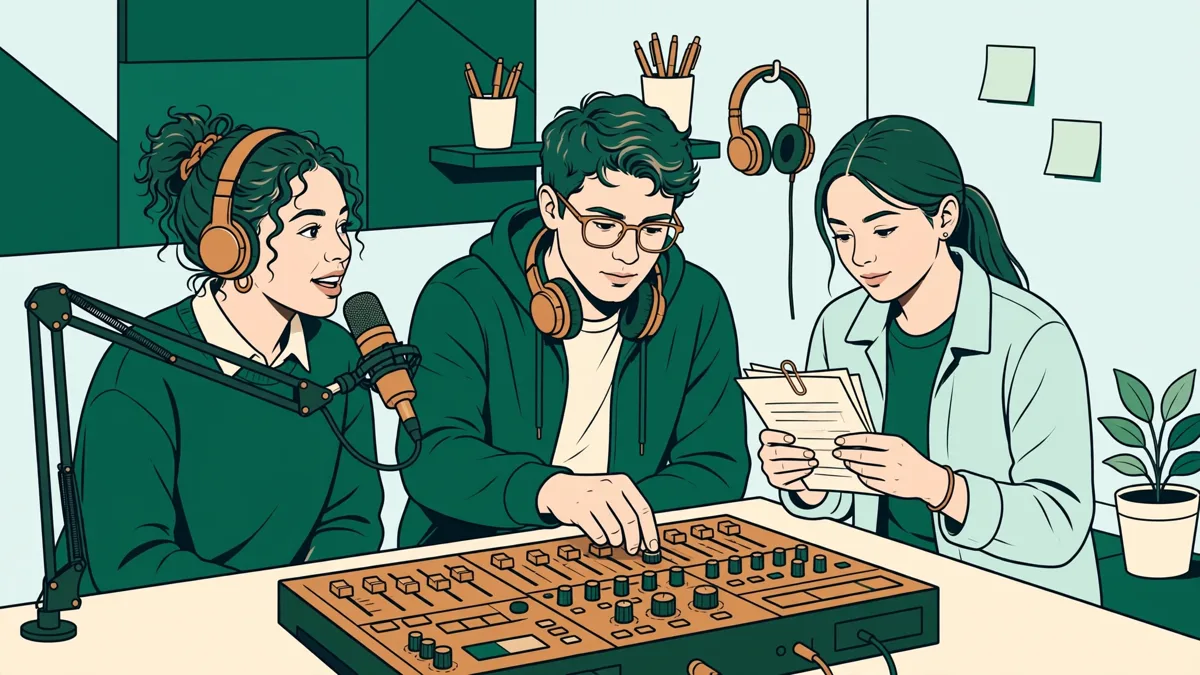 Trois étudiants en studio radio, l'un parle au micro, une autre règle la table de mixage, le troisième prépare ses notes