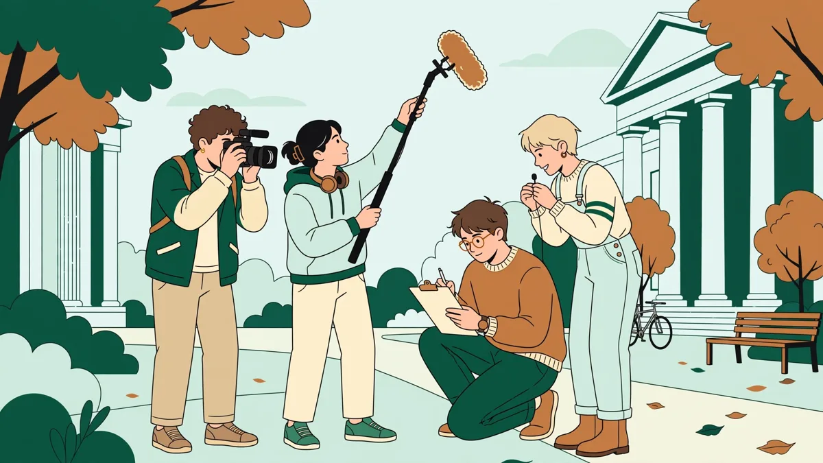 Quatre étudiants en tournage vidéo en extérieur, une filme, un tient le micro, deux préparent l'interview